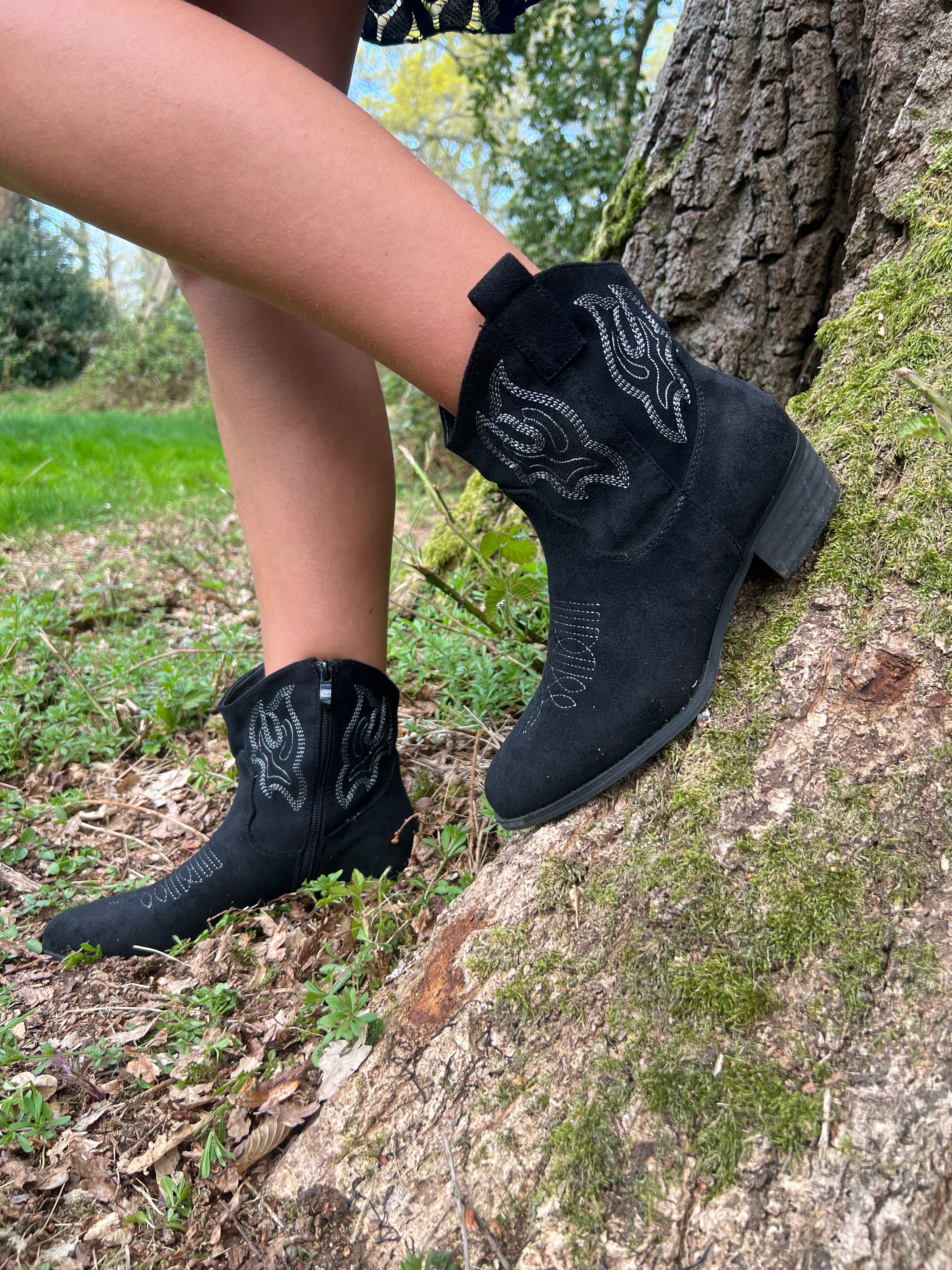 Black Suede Effect Ankle Cowboy Boots – H&L