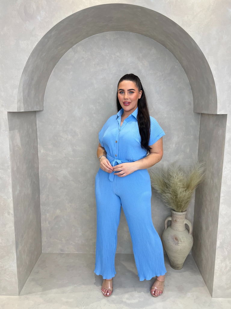Curve Baby Blue Ribbed Effect Belted Jumpsuit - H&L