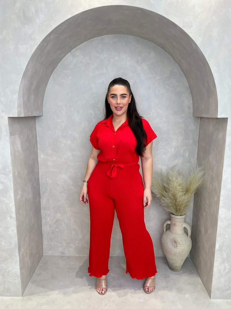 Curve Red Ribbed Effect Belted Jumpsuit - H&L