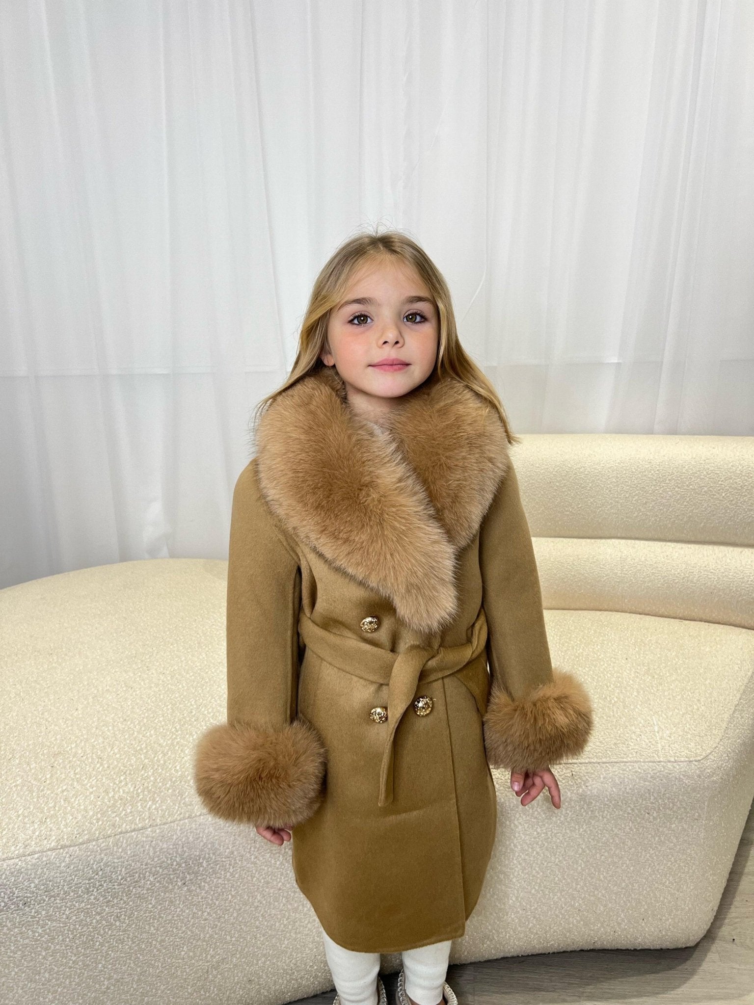 Childrens Camel Luxury Fur Cashmere Coat – H&L - Main Image
