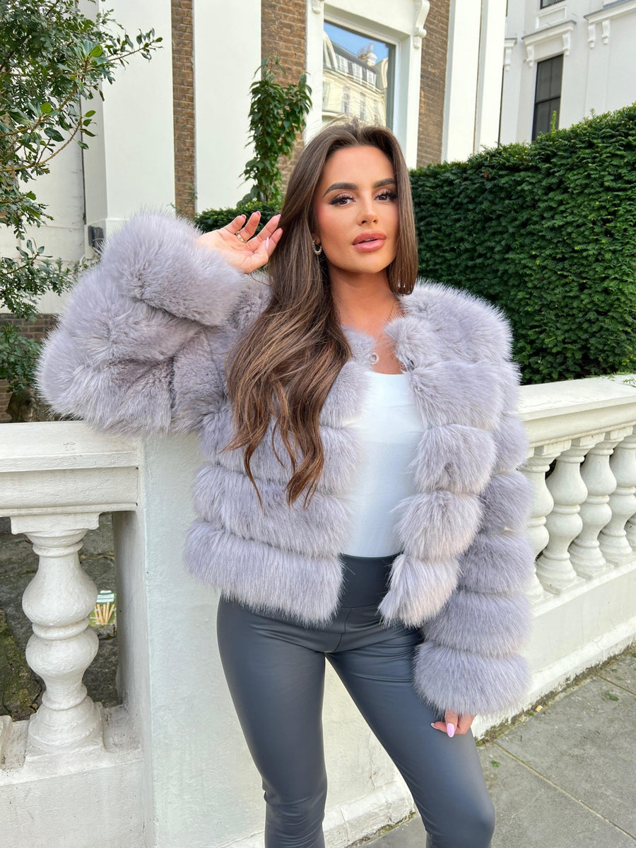 Grey Faux Fur Jacket Women's Light Grey Premium Faux Fur