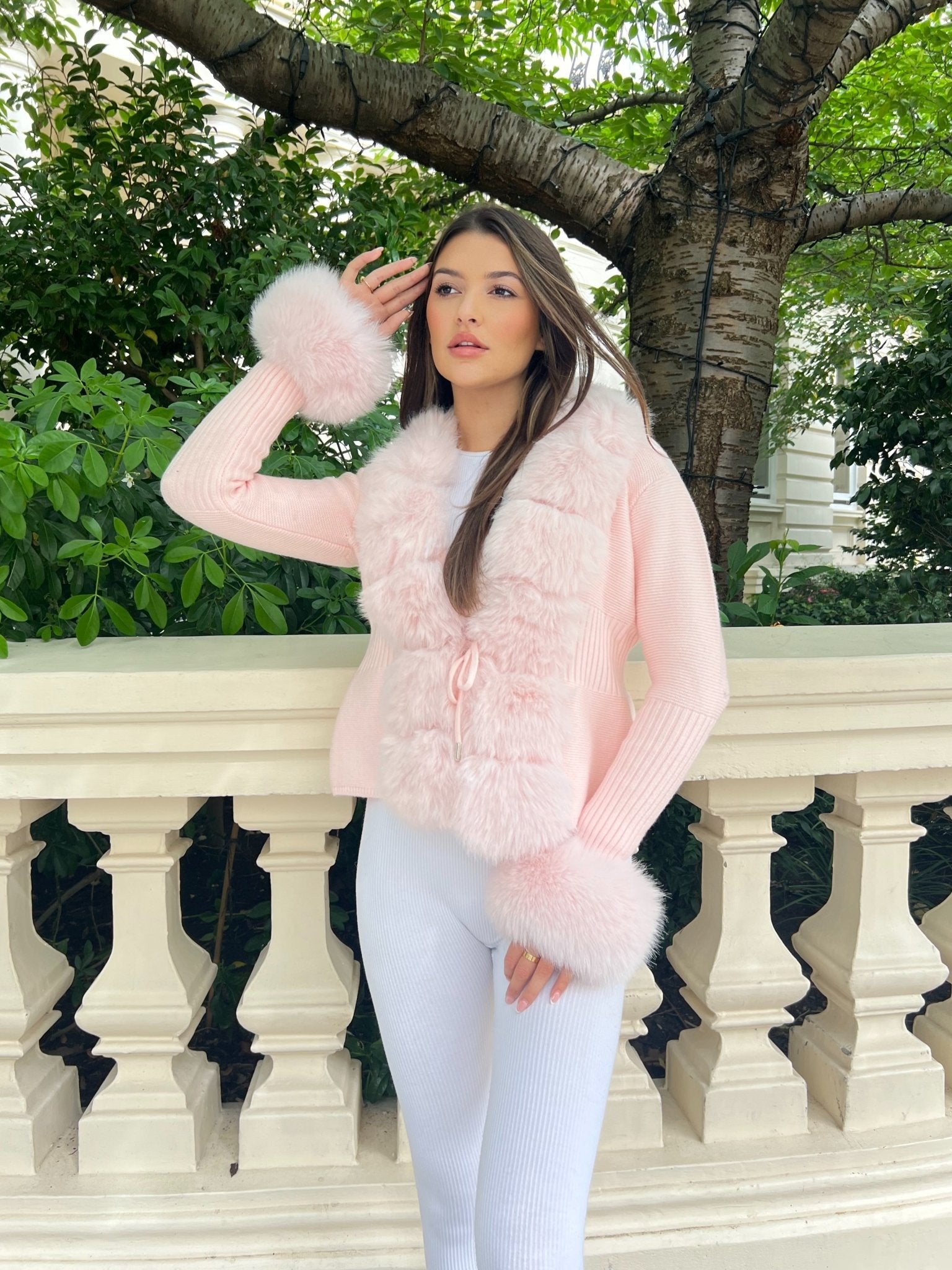 Pink Premium Faux Fur Trimmed Cardigan – H&L - Main Image