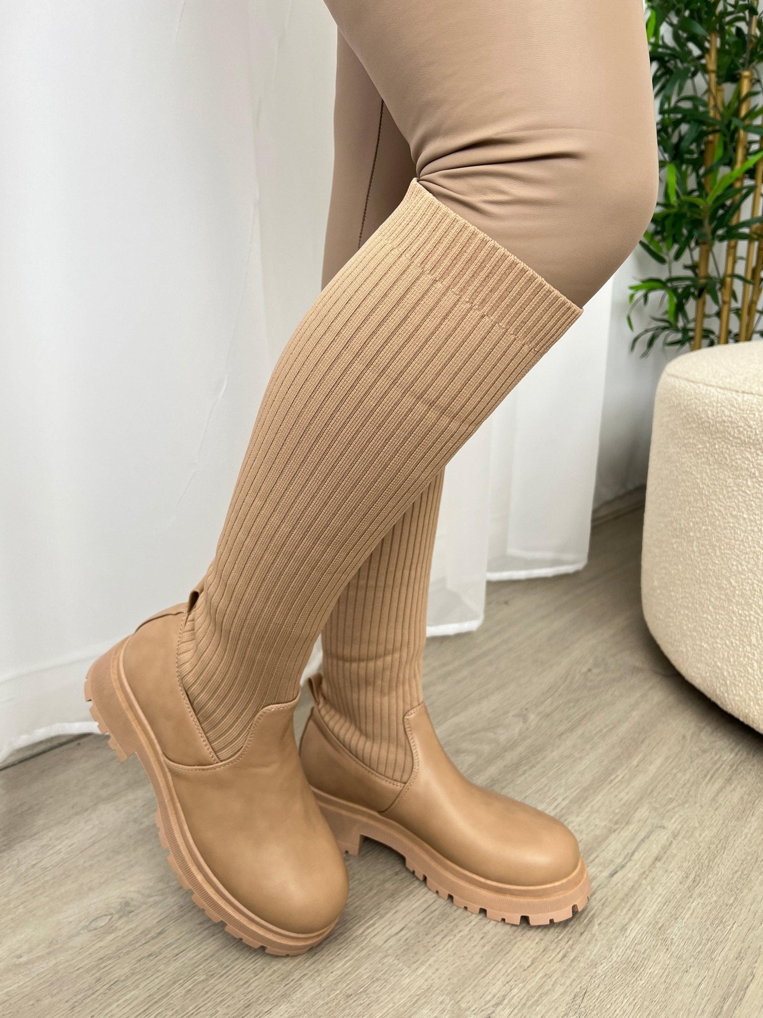 Taupe Knee High Chunky Sock Boots – H&L - Main Image