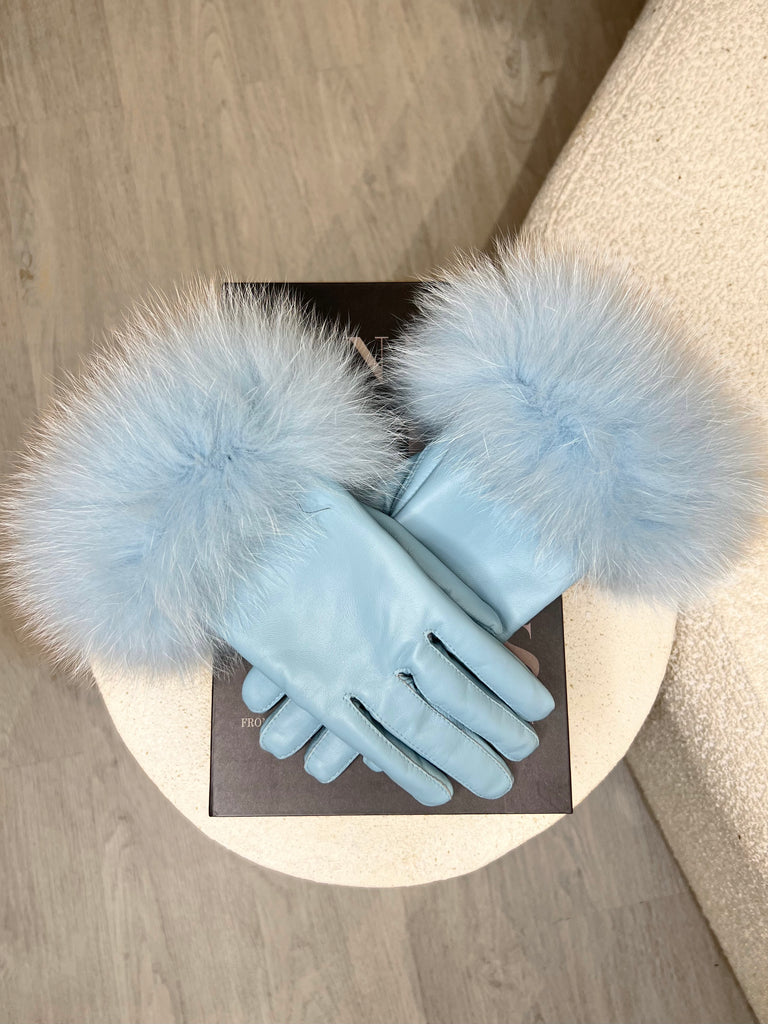 Baby Blue Luxury Fur Leather Gloves - H&L 