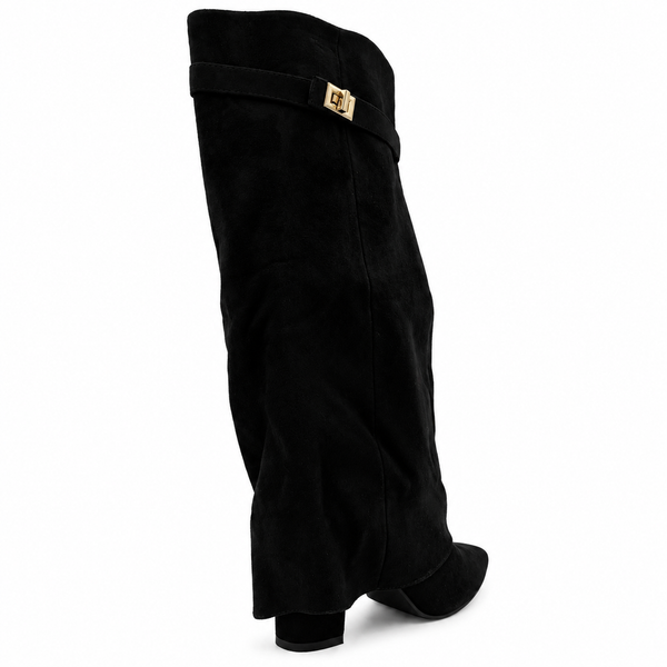 Black Faux Suede Fold Over Boot With Buckle Detail in Black / 3/36 - HL London