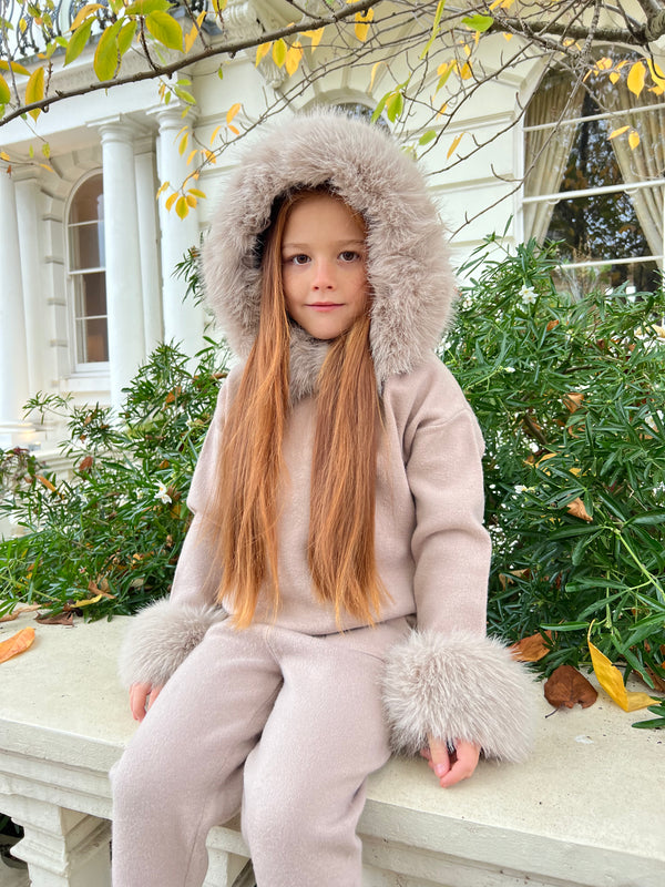 Childrens Beige Premium Faux Fur Jogger Tracksuit