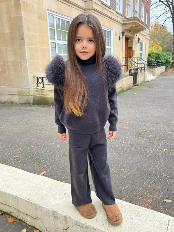 Childrens Charcoal Premium Faux Fur Roll Neck Wide Leg Tracksuit