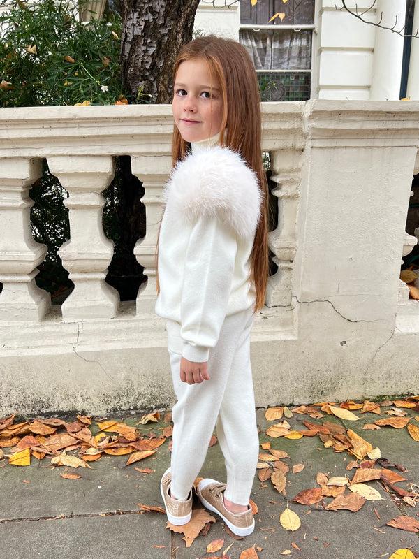 Childrens Cream Premium Faux Fur Jogger Tracksuit