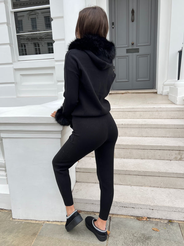 Black Premium Faux Fur Jogger Tracksuit