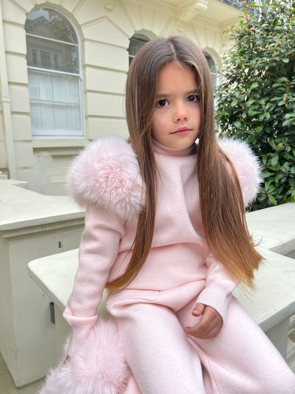 Childrens Baby Pink Premium Faux Fur Roll Neck Wide Leg Tracksuit in Baby Pink / 2-3 - HL London