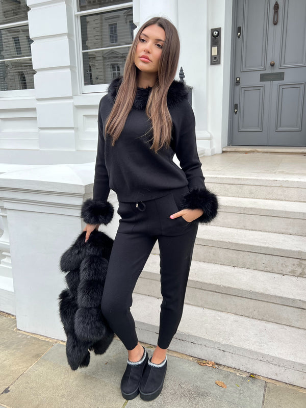 Black Premium Faux Fur Jogger Tracksuit