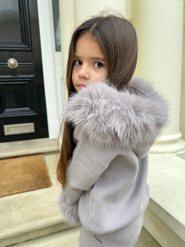 Childrens Light Grey Premium Faux Fur Jogger Tracksuit