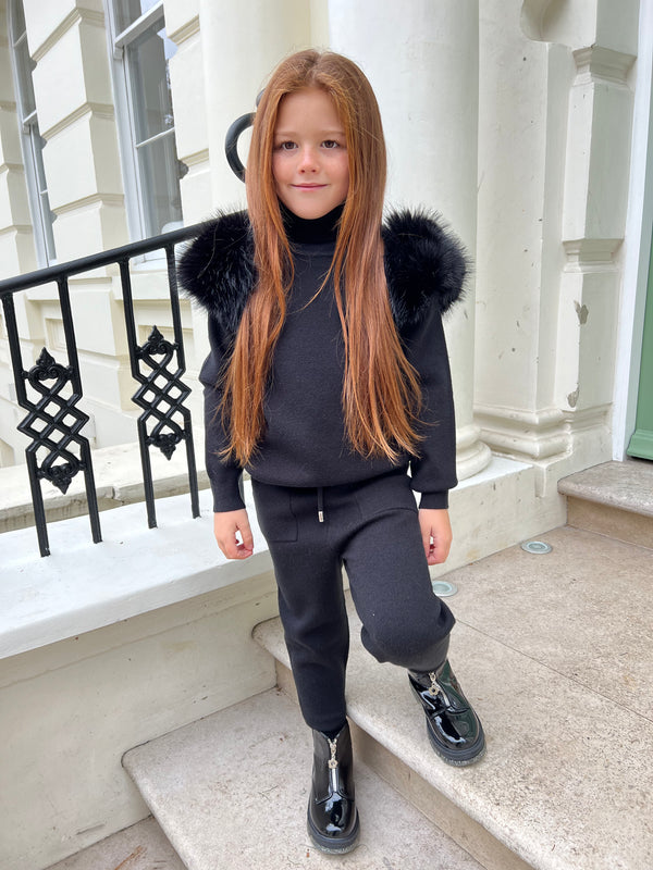 Childrens Black Premium Faux Fur Jogger Tracksuit