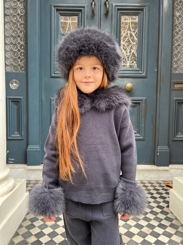 Childrens Charcoal Premium Faux Fur Jogger Tracksuit