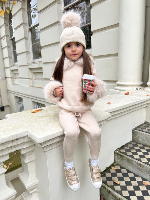 Childrens Light Beige Premium Faux Fur Jogger Tracksuit