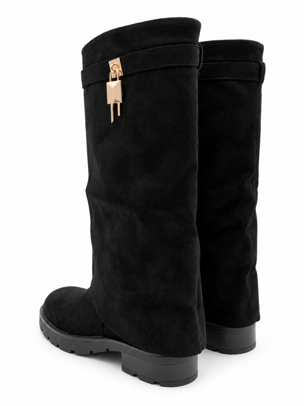 Black Faux Suede Fold Over Chunky Sole Lock Boot in Black / 3/36 - HL London
