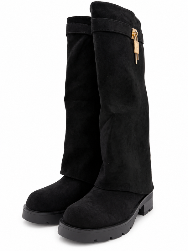 Black Faux Suede Fold Over Chunky Sole Lock Boot in Black / 3/36 - HL London