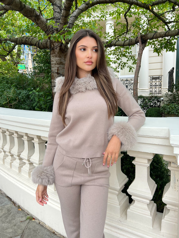 Beige Premium Faux Fur Jogger Tracksuit