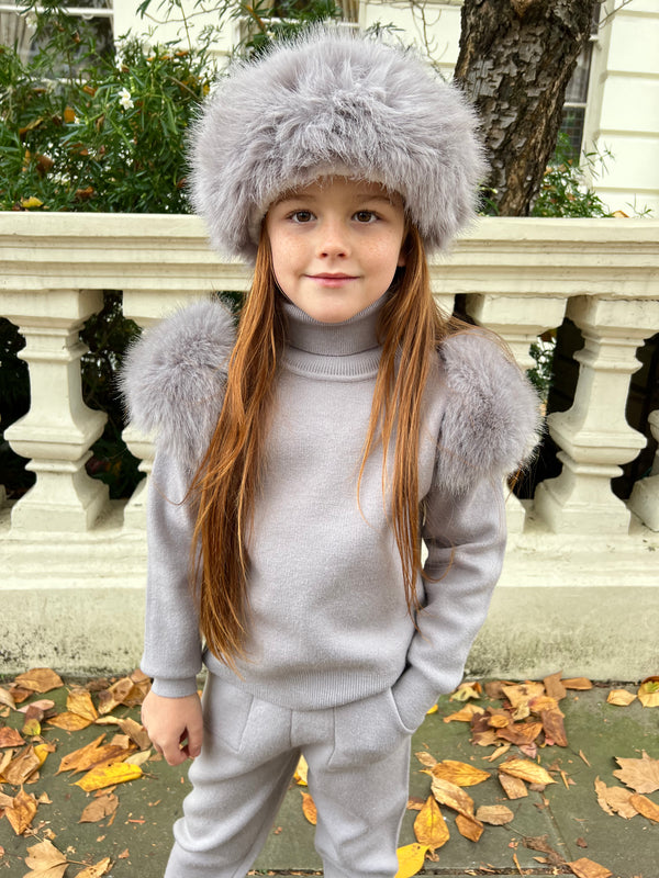 Childrens Light Grey Premium Faux Fur Jogger Tracksuit