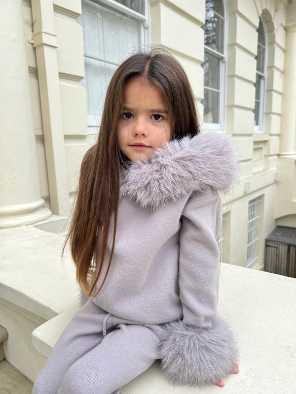 Childrens Light Grey Premium Faux Fur Jogger Tracksuit