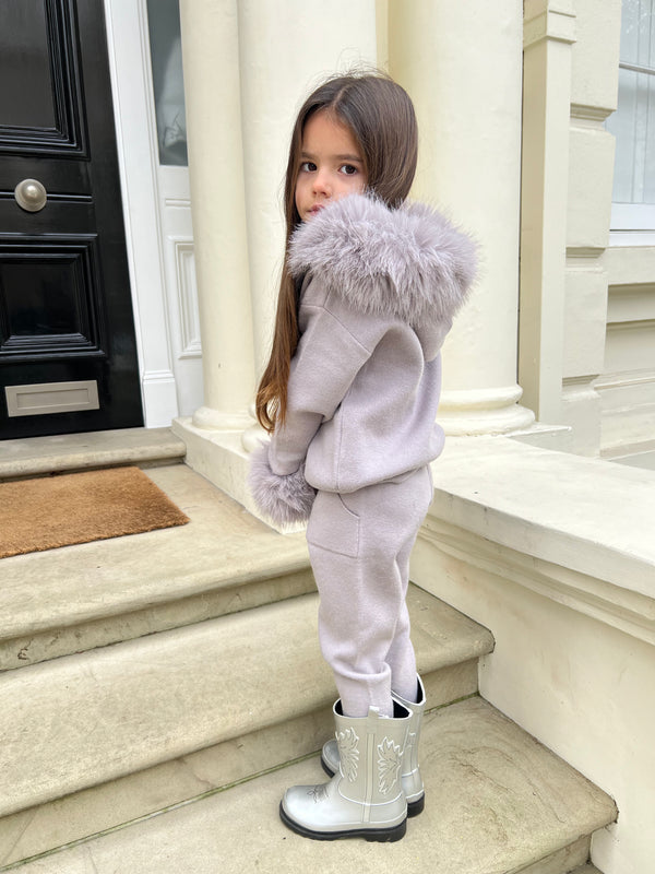 Childrens Light Grey Premium Faux Fur Jogger Tracksuit