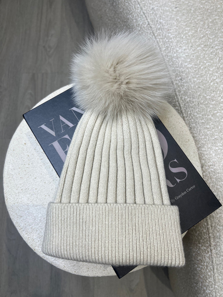 Beige Luxury Fur Bobble Hat - H&L 