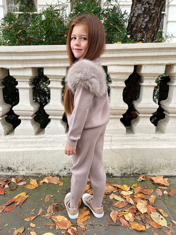 Childrens Beige Premium Faux Fur Jogger Tracksuit