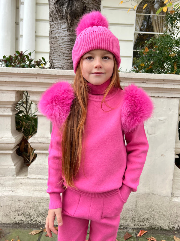 Childrens Hot Pink Premium Faux Fur Jogger Tracksuit
