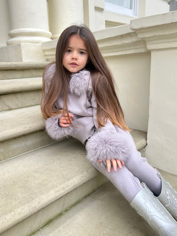 Childrens Light Grey Premium Faux Fur Jogger Tracksuit