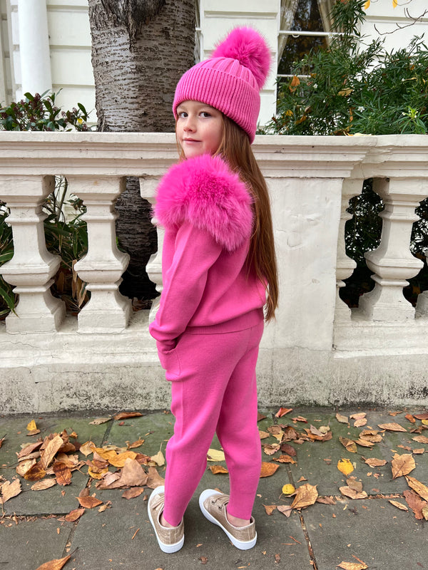 Childrens Hot Pink Premium Faux Fur Jogger Tracksuit