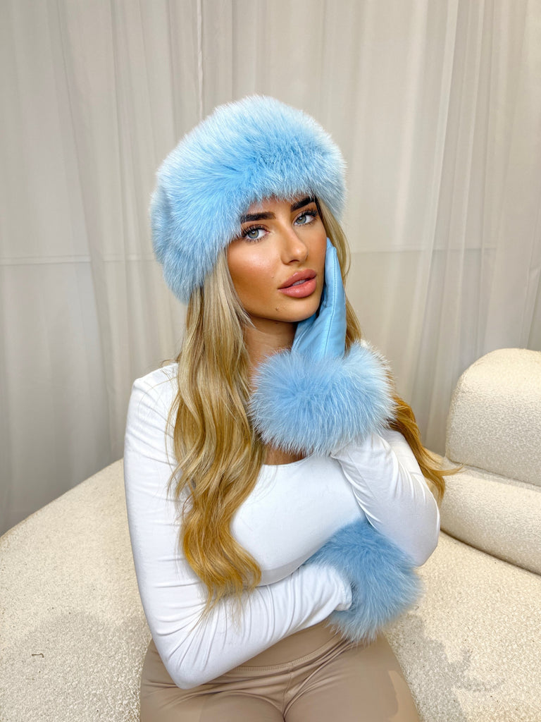 Baby Blue Luxury Fur Leather Gloves - H&L 