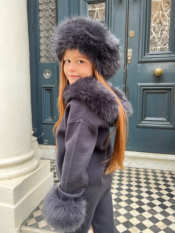 Childrens Charcoal Premium Faux Fur Jogger Tracksuit