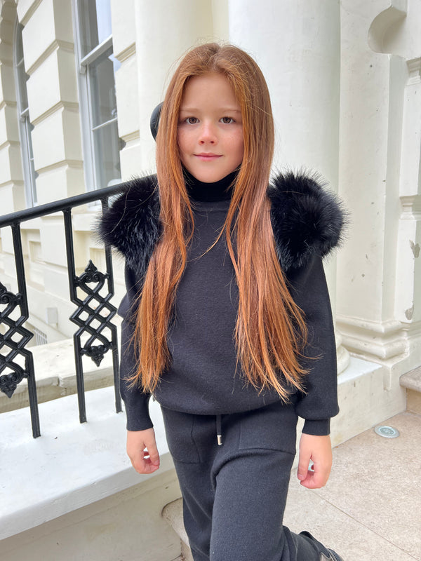 Childrens Black Premium Faux Fur Jogger Tracksuit