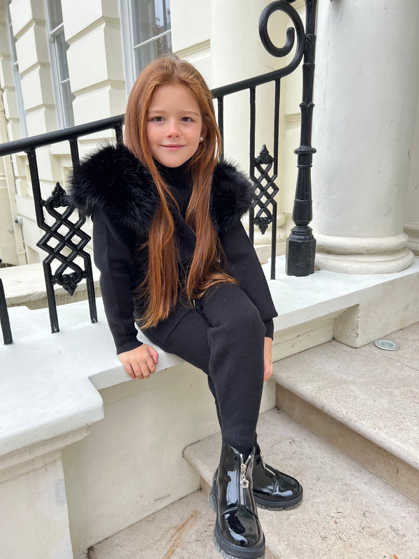 Childrens Black Premium Faux Fur Jogger Tracksuit