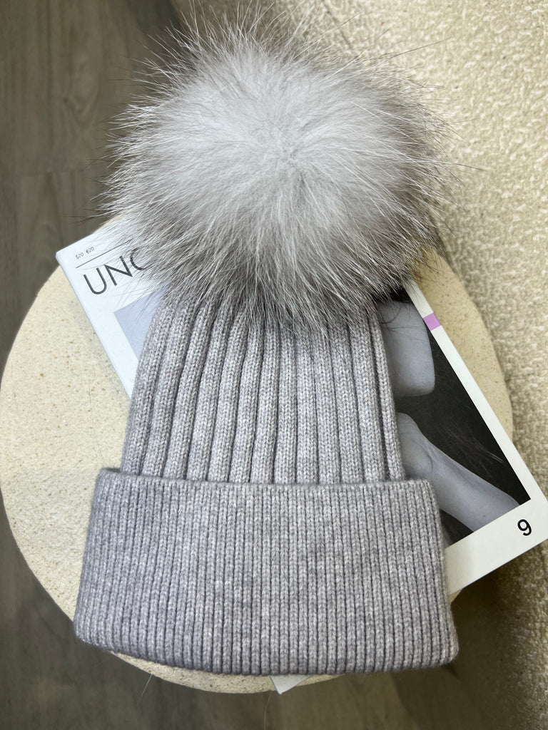 Grey/Grey Luxury Fur Bobble Hat - H&L 