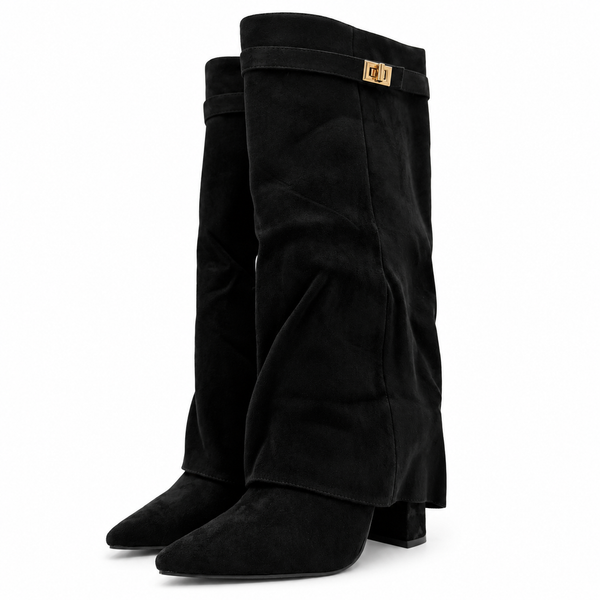Black Faux Suede Fold Over Boot With Buckle Detail in Black / 3/36 - HL London