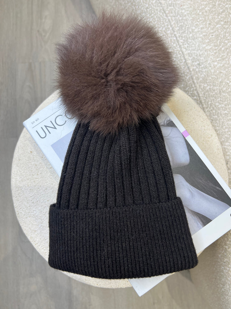 Chocolate Luxury Fur Bobble Hat - H&L 