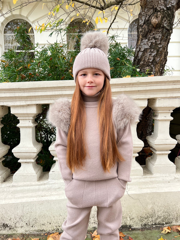 Childrens Beige Premium Faux Fur Jogger Tracksuit