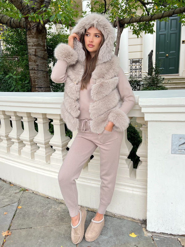 Beige Premium Faux Fur Jogger Tracksuit