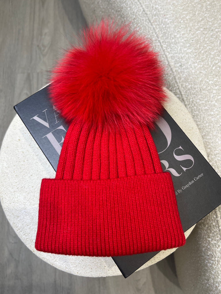 Red Luxury Fur Bobble Hat - H&L 