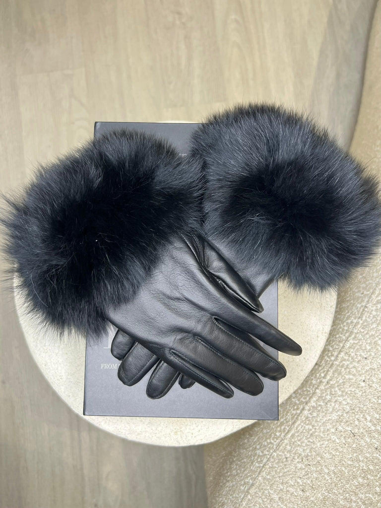 Black Luxury Fur Leather Gloves - H&L 