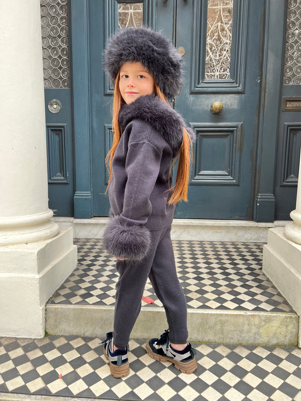 Childrens Charcoal Premium Faux Fur Jogger Tracksuit