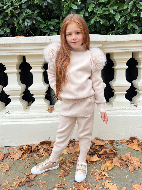 Childrens Light Beige Premium Faux Fur Jogger Tracksuit