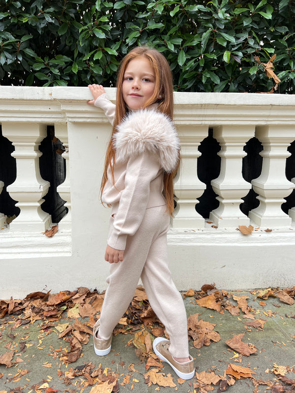 Childrens Light Beige Premium Faux Fur Jogger Tracksuit