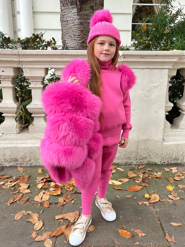 Childrens Hot Pink Premium Faux Fur Jogger Tracksuit