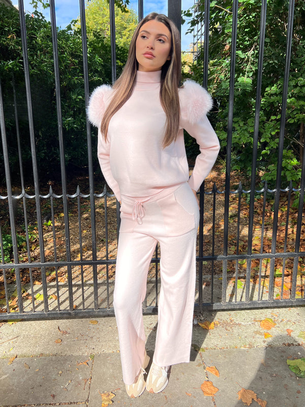 Baby Pink Roll Neck Premium Faux Fur Shoulder Wide Leg Tracksuit