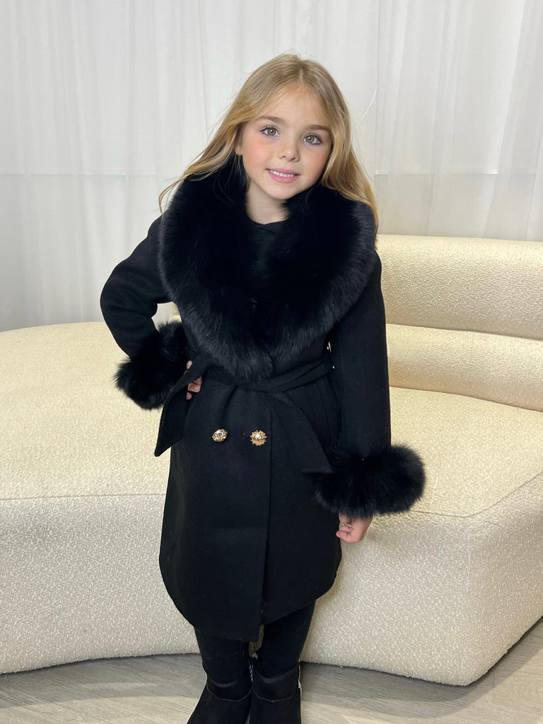 Kids Black Luxury Fur Cashmere Coat - H&L 