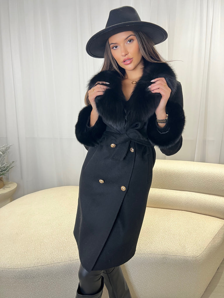 Black Luxury Fur Cashmere Coat - H&L 