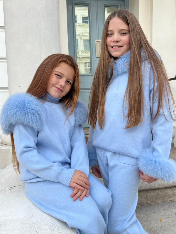 Childrens Baby Blue Luxury Fur Roll Neck Wide Leg Tracksuit