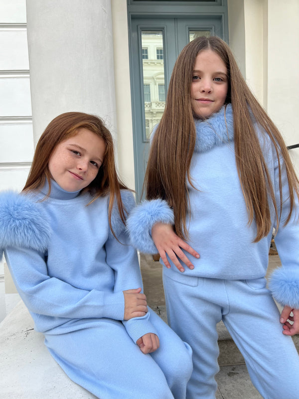 Childrens Baby Blue Luxury Fur Trim Hood & Cuff Tracksuit